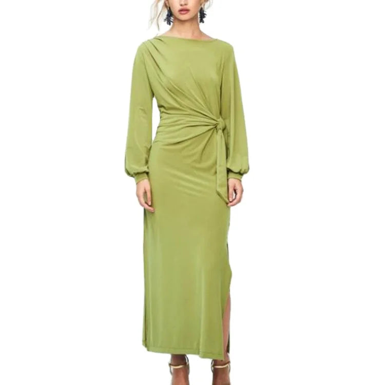 Custom Logo High Waist Elegant Casual O-neck Plain Long Sleeve Dresses Women Evening Side Slit Party Lady Dress