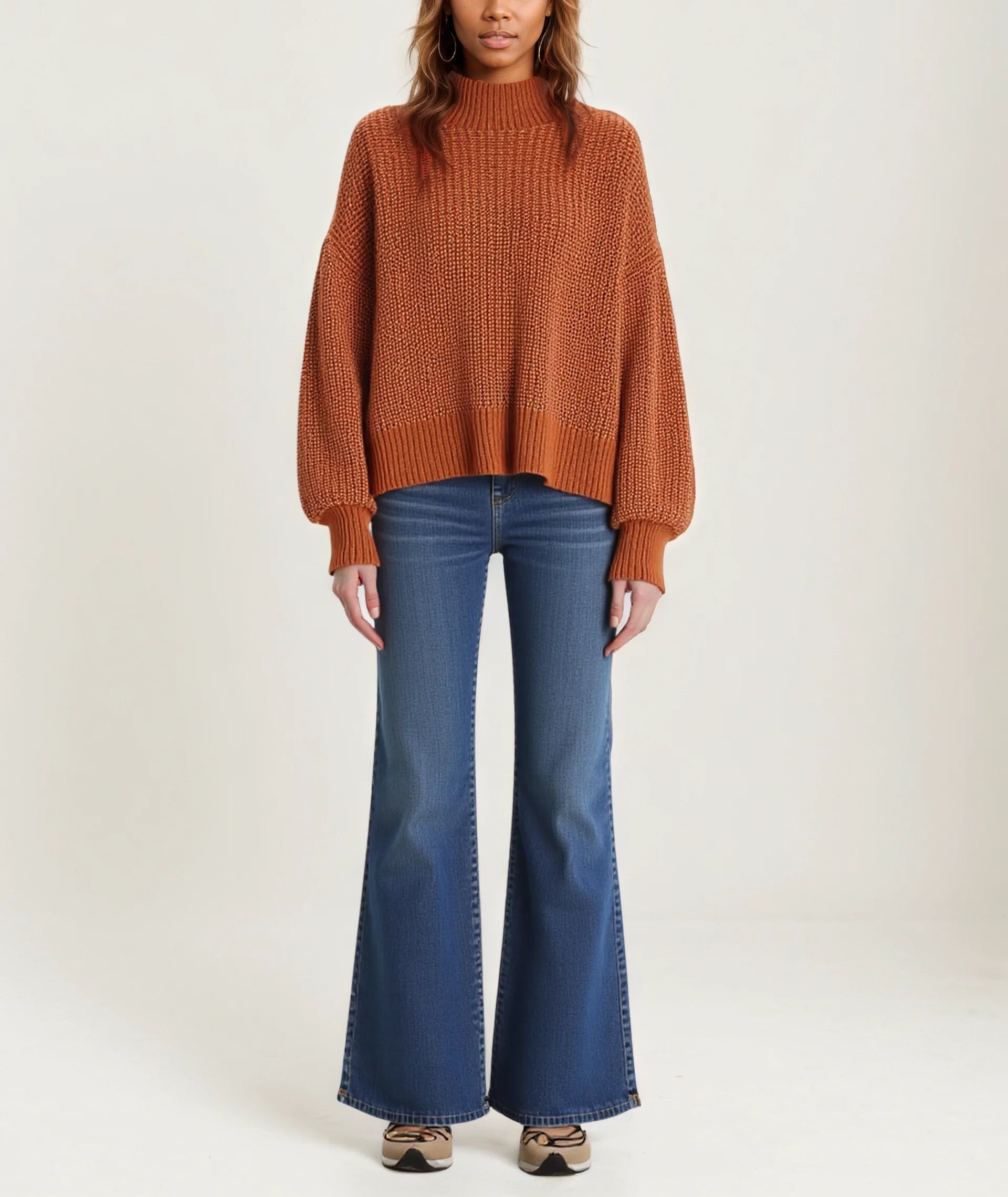 High Popularity Women's Comfortable Soft Ribbed Knitwear High Collar Lantern Sleeve Long Length Sweater Shrugs
