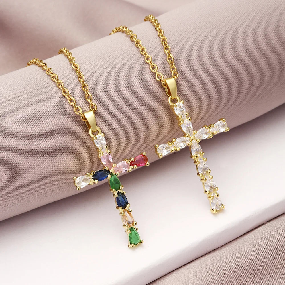 Religious 18k Gold Plated Cross Pendant Necklace Colorful Cross Necklace Zircon Cross Pendant Necklace