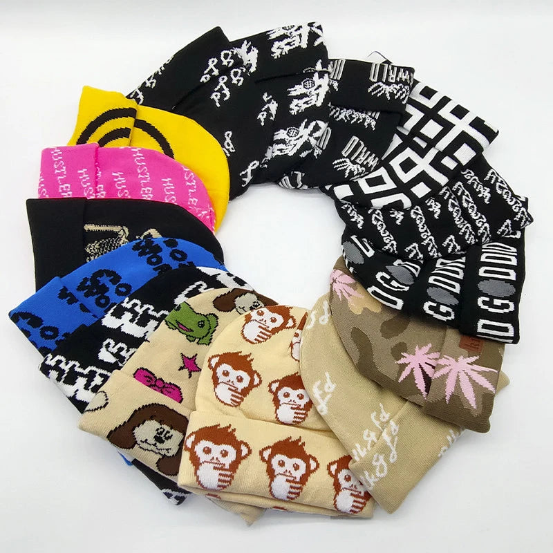Manufacturer Custom Jacquard Embroidery Logo Acrylic All Over Print Skull Cuffed Cuff Knitted Beanie Hat