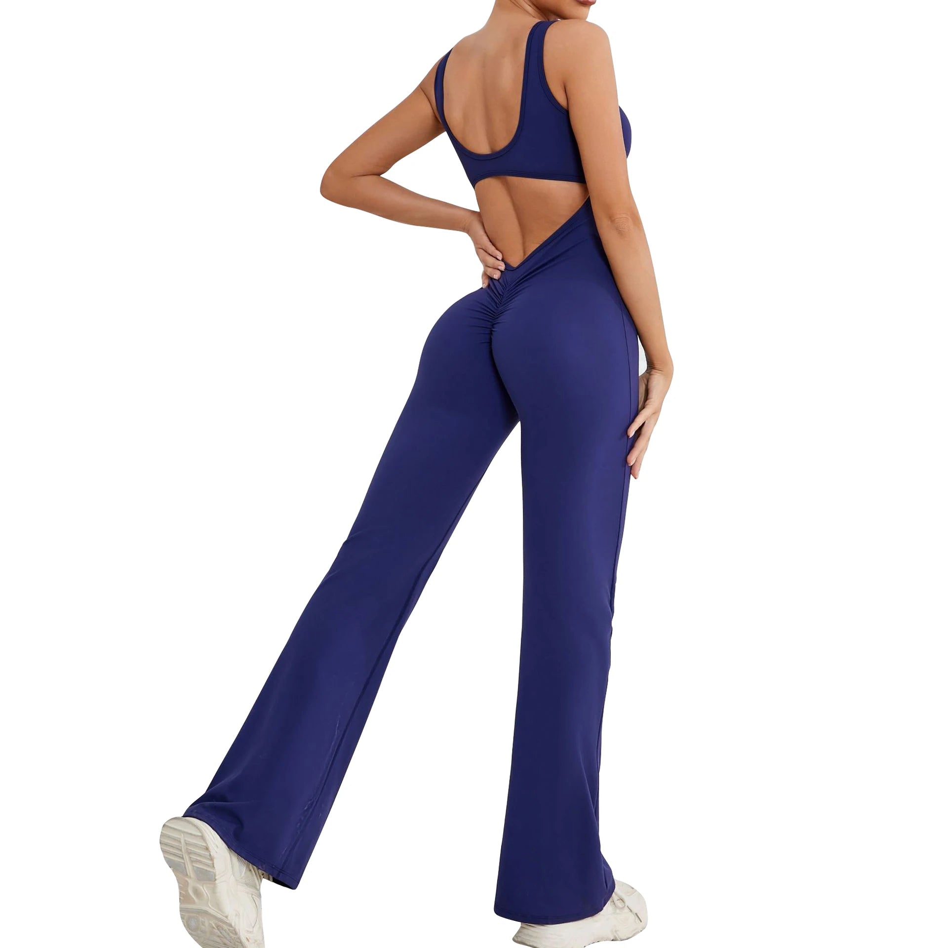Women's Long Length Soft Quick Dry Scrunch Back Flare Yoga Jumpsuit With Hollow Back Sports Bodysuit