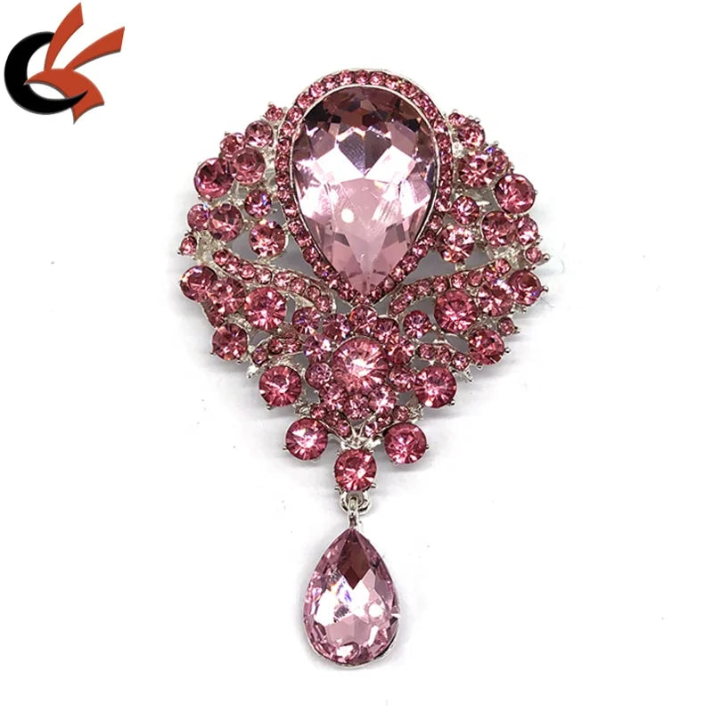 Bride Luxurious Flower Drop Pendant Brooch Pin Pink Rhinestone Crystal