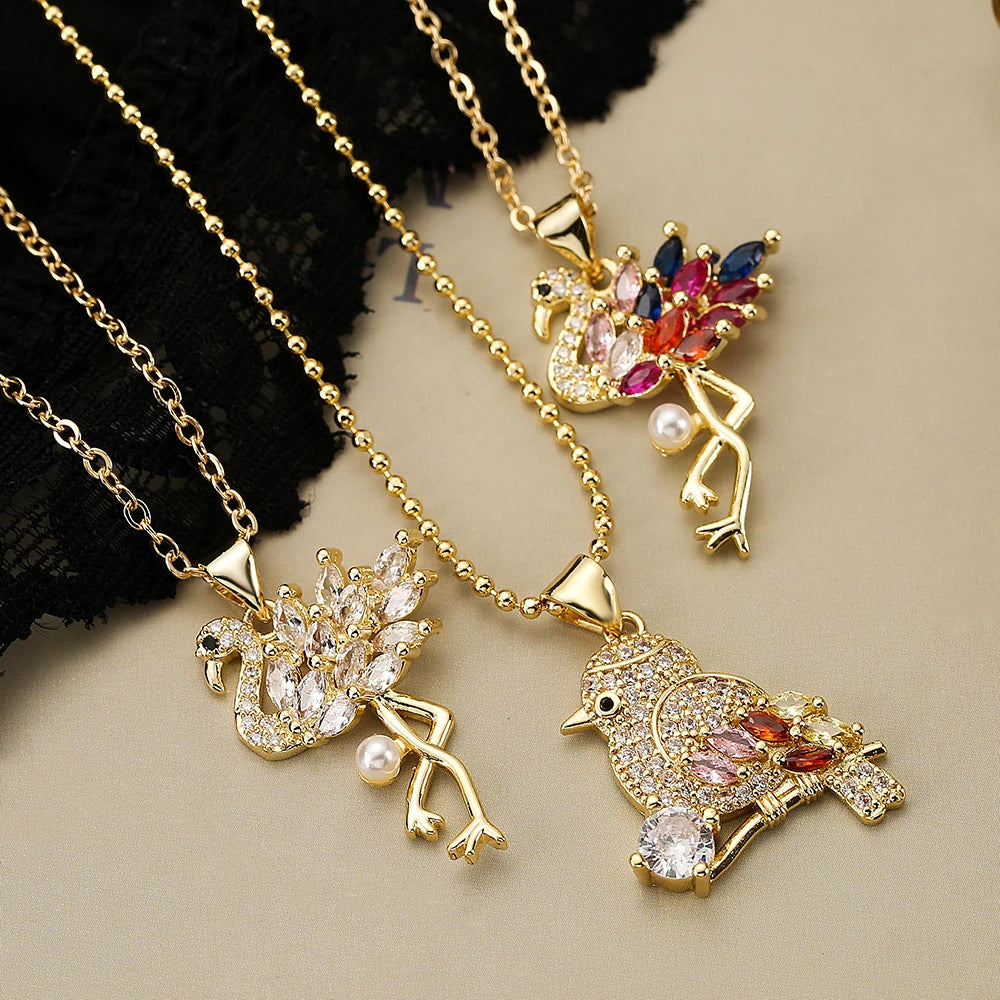 New Design Brass Micro Zircon Animal Flamingos Bear Butterflies Bees Cute Pendant Necklaces 18K Gold for Women Jewelry