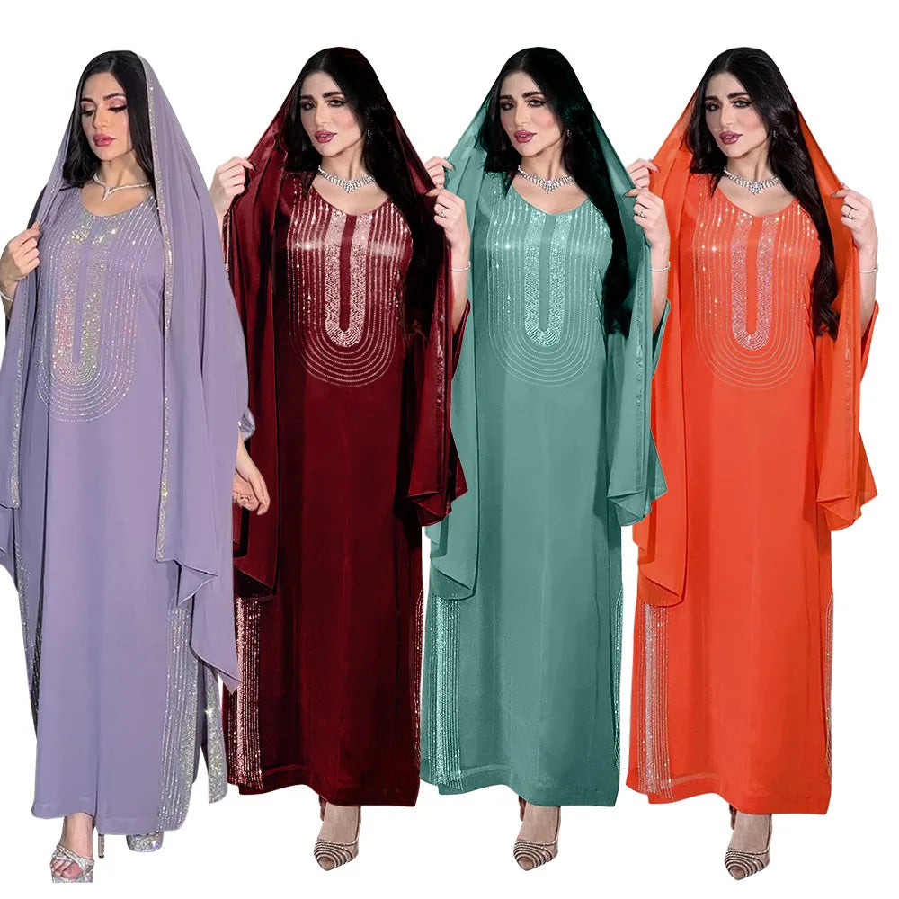 Women's Elegant Moroccan Diamond Kaftan Modest Elegant Robe Stand Collar for Spring Party Inspired Middle Eastern Muslim Culture