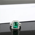 925 Sterling Silver Ring with 9x11mm Emerald Cut Muzu Hydrothermal Emerald Main Stone for Ladies and Girls Engagement