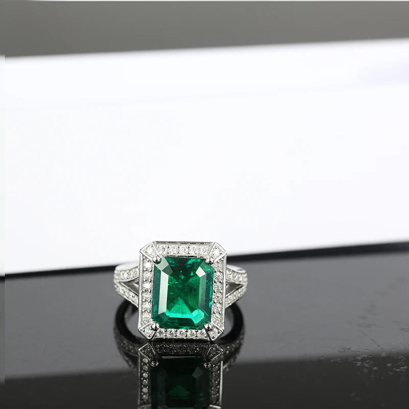 925 Sterling Silver Ring with 9x11mm Emerald Cut Muzu Hydrothermal Emerald Main Stone for Ladies and Girls Engagement