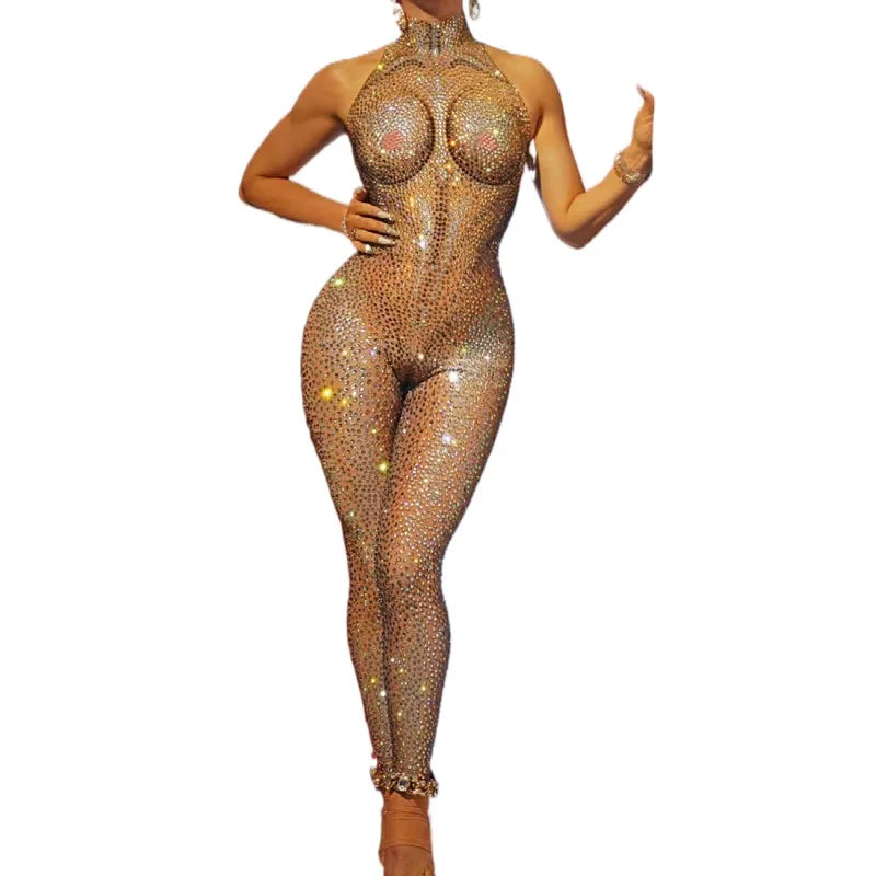 Gold Crystal Pole Dance Leotard Shiny Bodysuit Stage Costume Party Club Rompers Women One Piece Jumpsuits