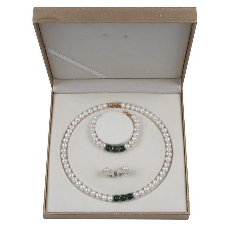 Natural Freshwater Button Shape Real Pearls Three Malaysian Jade Beads Fine Jewelry Sets