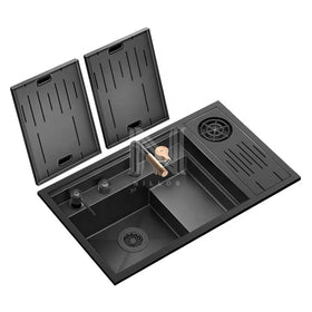 NILLOS N7646XN Handmade Single Bowl Square Four Hole Modern Kitchen Glass Rinser Pull-out Faucet 304 Stainless Steel Black Nano