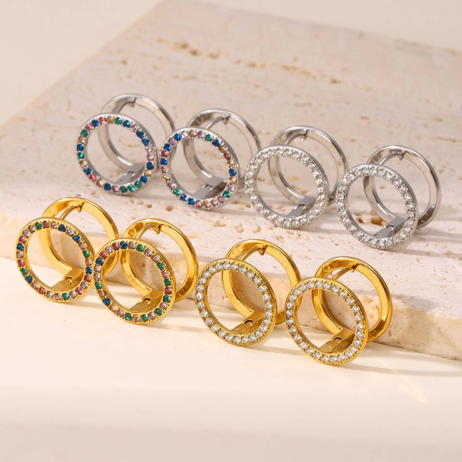 Elegant Jewelry Stainless Steel Colorful Zircon Geometric Hollow Circle Round Stud Earrings for Women
