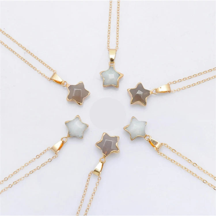 Reiki Stainless Steel Gold Plated Natural Stone Five Pointed Star Gold Edge Pendant Necklace