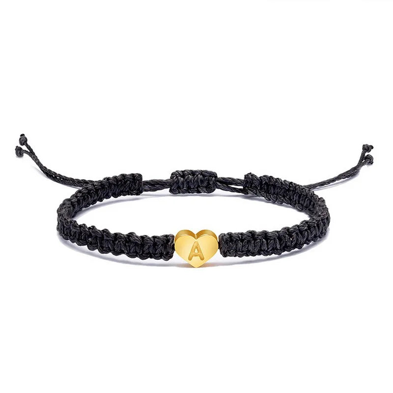 Wholesale Black Handmade Woven Heart Alphabet Charm Bracelet Braided 26 Initial Bracelet for Women