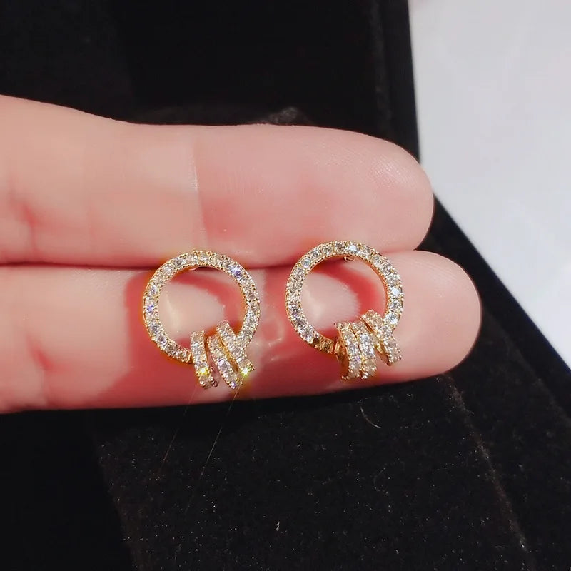 OEM Double Circle Stud Earrings Temperament Silver Needle Rhinestone Earring for Women Jewelry