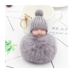 Black Face Baby Doll Toy DropshipCute Sleeping Baby Doll Key Chains for Women Bag Toy Key Ring Fluffy Pom Pom Faux Fur Plush Key