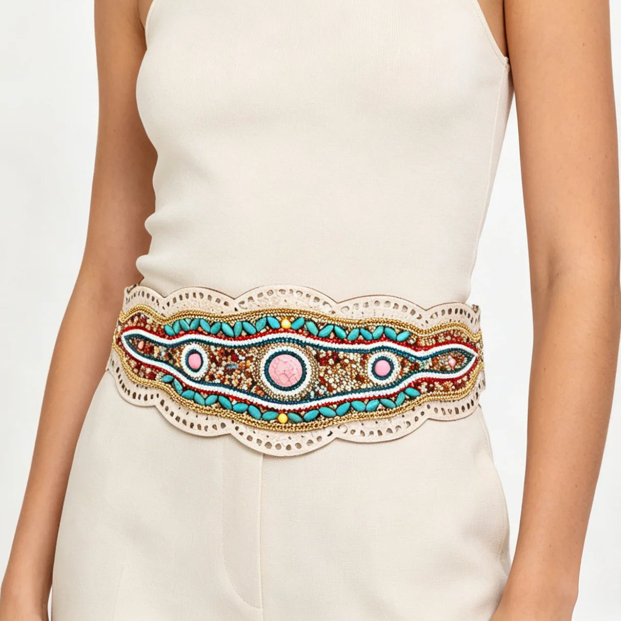 Bohemian Beads Flower Women Belt Ethnic Statement Wide Elastic Body Chain Belt for Girls Women Dress