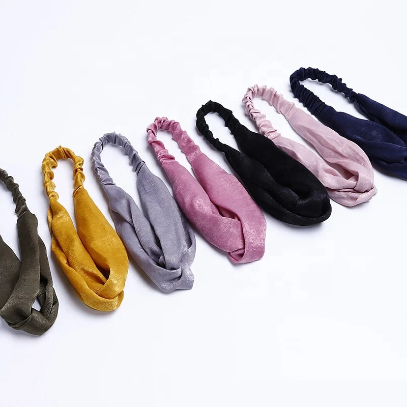 Women's Cross Silk Feel Satin Headbands Solid Plain Color Elastic Twisted Head Wrap Knotted Hair Band Multi Color Select