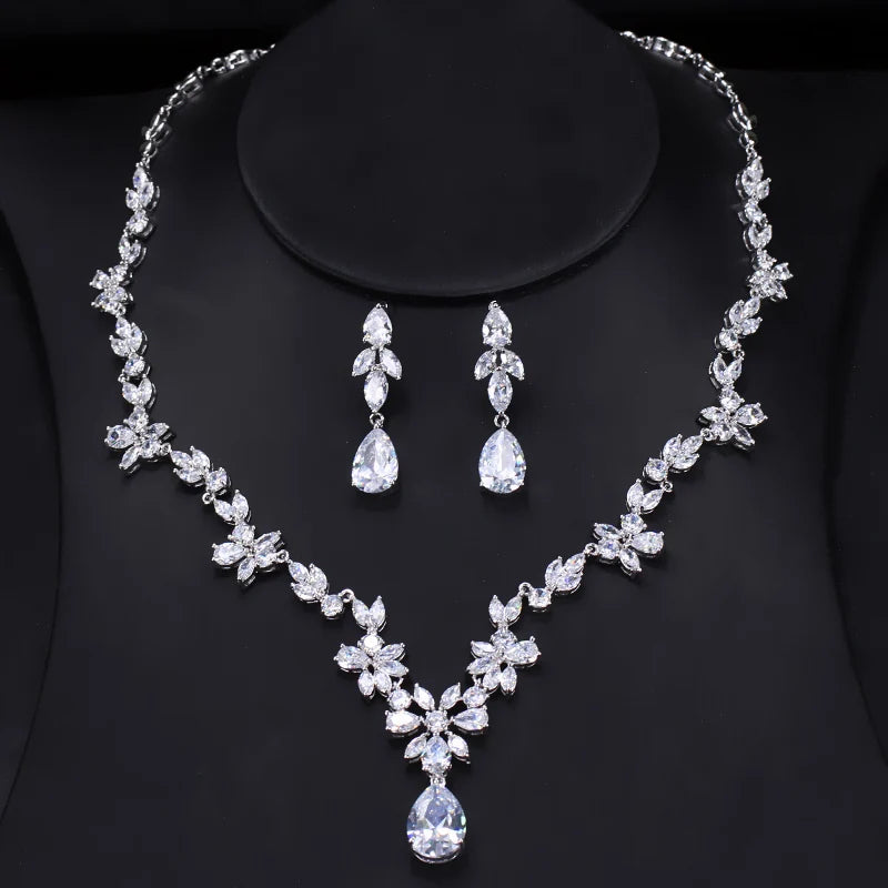 Women Luxury Wedding Costume Accessories Bright Cubic Zircon Crystal Bridal Earrings and Necklace Jewelry Sets for Brides