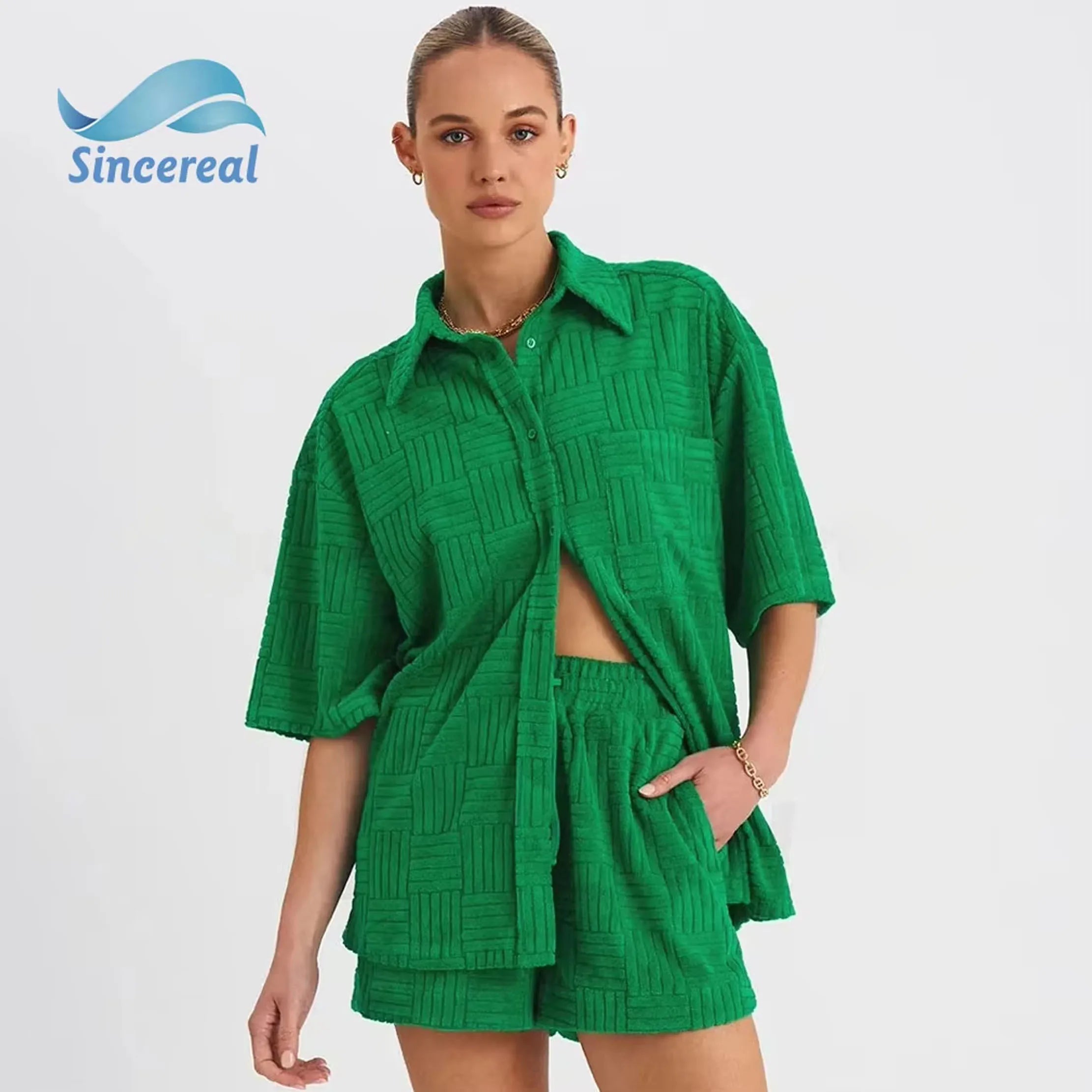Custom High Quality Summer Home Wear Terry Towel Fabric Pajamas Casual Loungewear Women Clothing 2 Piece Shirt Set