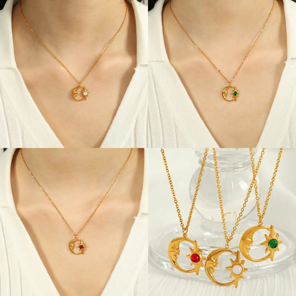 Waterproof Stainless Steel Boho Gemstone Moon Sun Pendant Necklace Gold Plated Trendy Multicolor Jewelry Gift