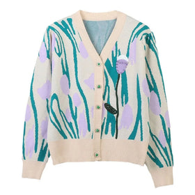 V Neck Jacquard Knitted Cardigan Knitwear Women's Sweater With Beading and Rhinestones