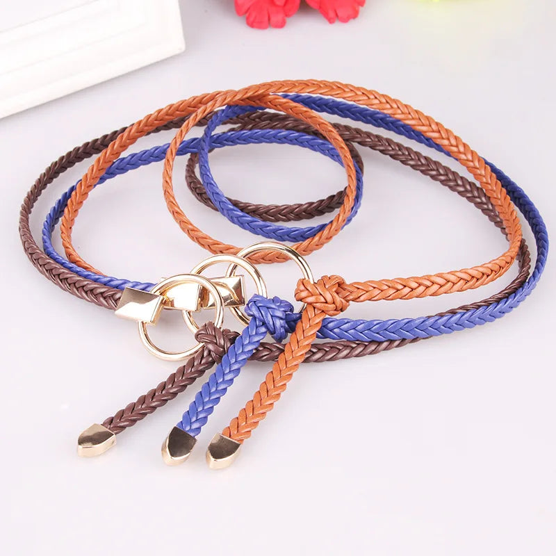 Thin Dress Waist Belt with Round Buckle PU Leather Skinny Woven Belt for Pant 0.4 Inch Width Braided Leather Belt for Women Lady