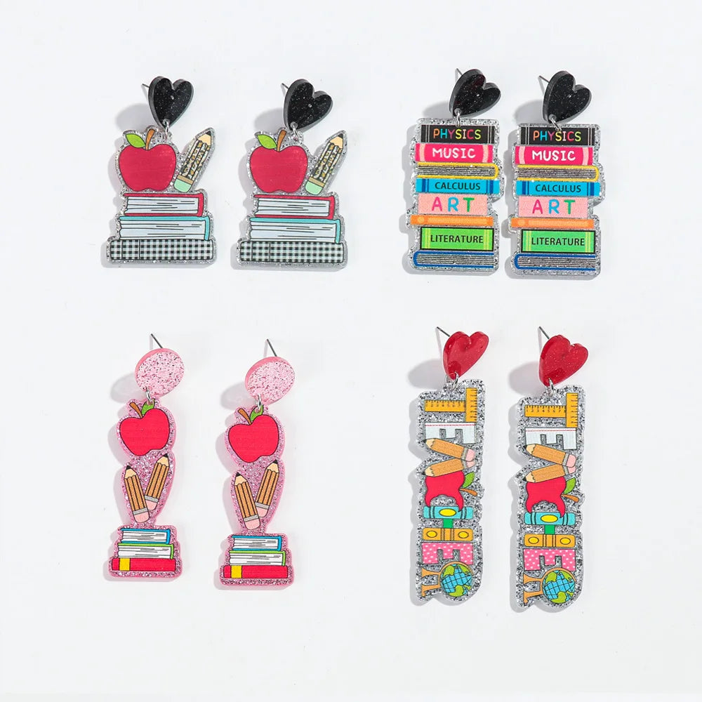 Fashion New Season Love Heart Simple Earrings Custom Printing Cartoon School Book Pencil Shape Acrylic Long Earrings