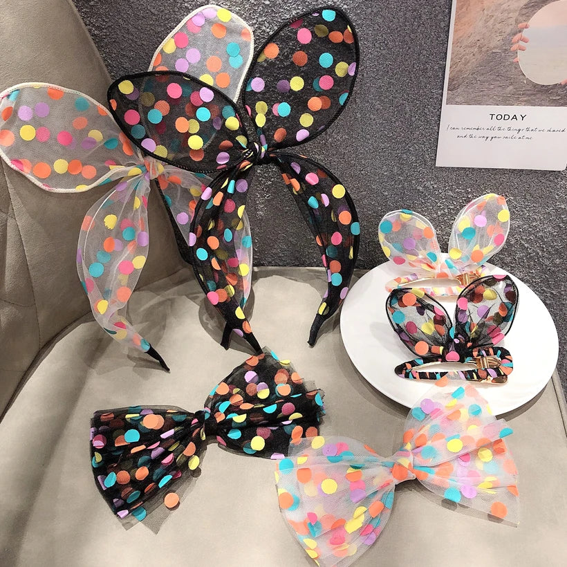 Cute Kids Baby Inspired Children Sweet Little Girl Dot Organza Knot Bunny Ear Hairbands Hair Band Accessories Headbands