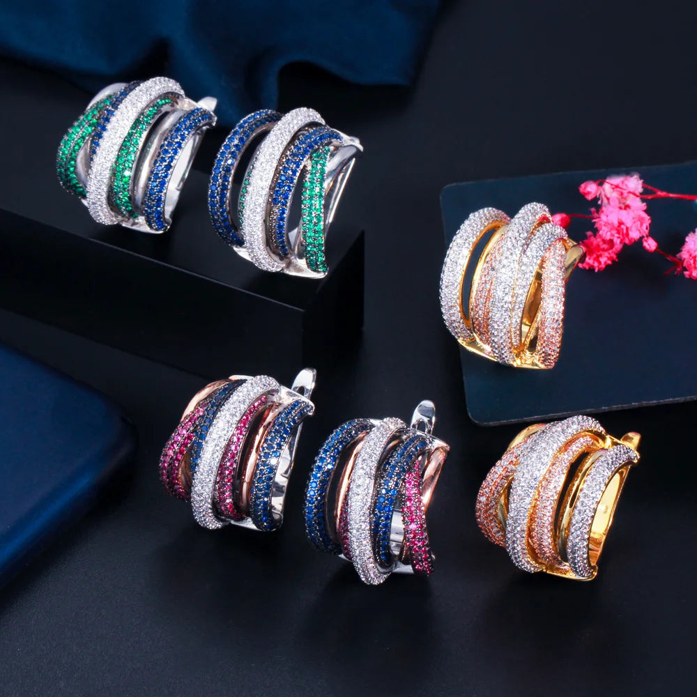 Luxury Twisted Lines Micro Cubic Zirconia Setting European Women Wedding Big Hoop Earrings Dubai Gold Plated Jewelry