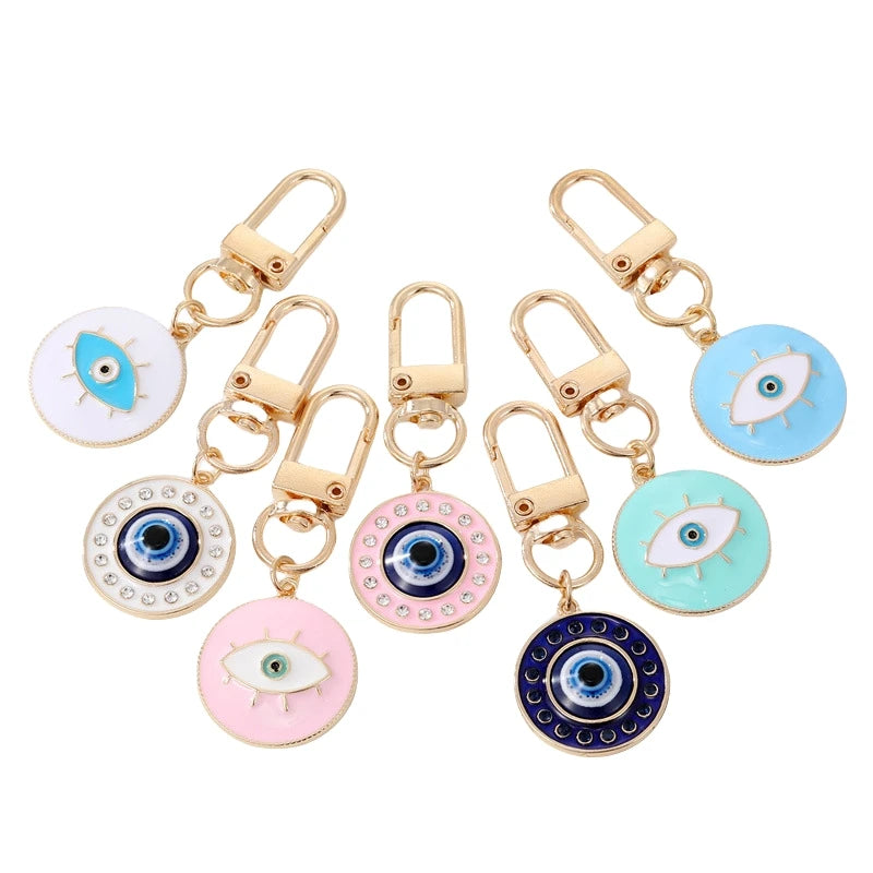 Gold Plated Blue Evil Eyes Keychain Crystal Rhinestone Enamel Evil Eye Keychain for Women Good Luck Charms Earphone case Pendant