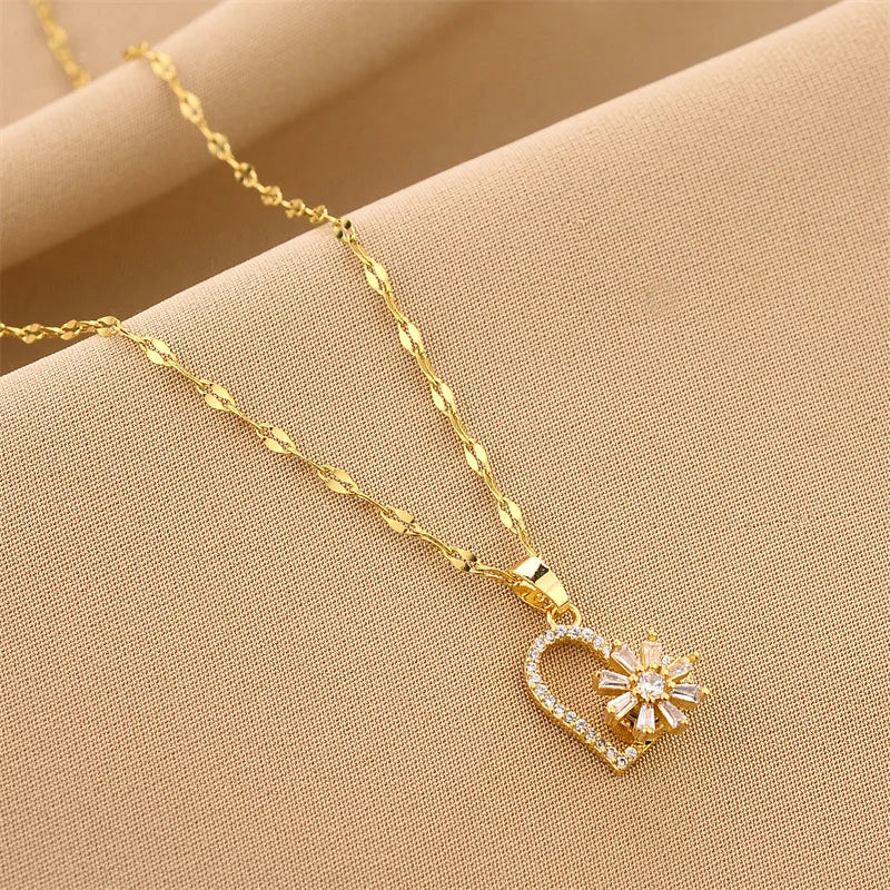 New Arrival Gold Plated Flower Heart Pendant Necklace Delicate Crystal Flower Stainless Steel Heart Necklace