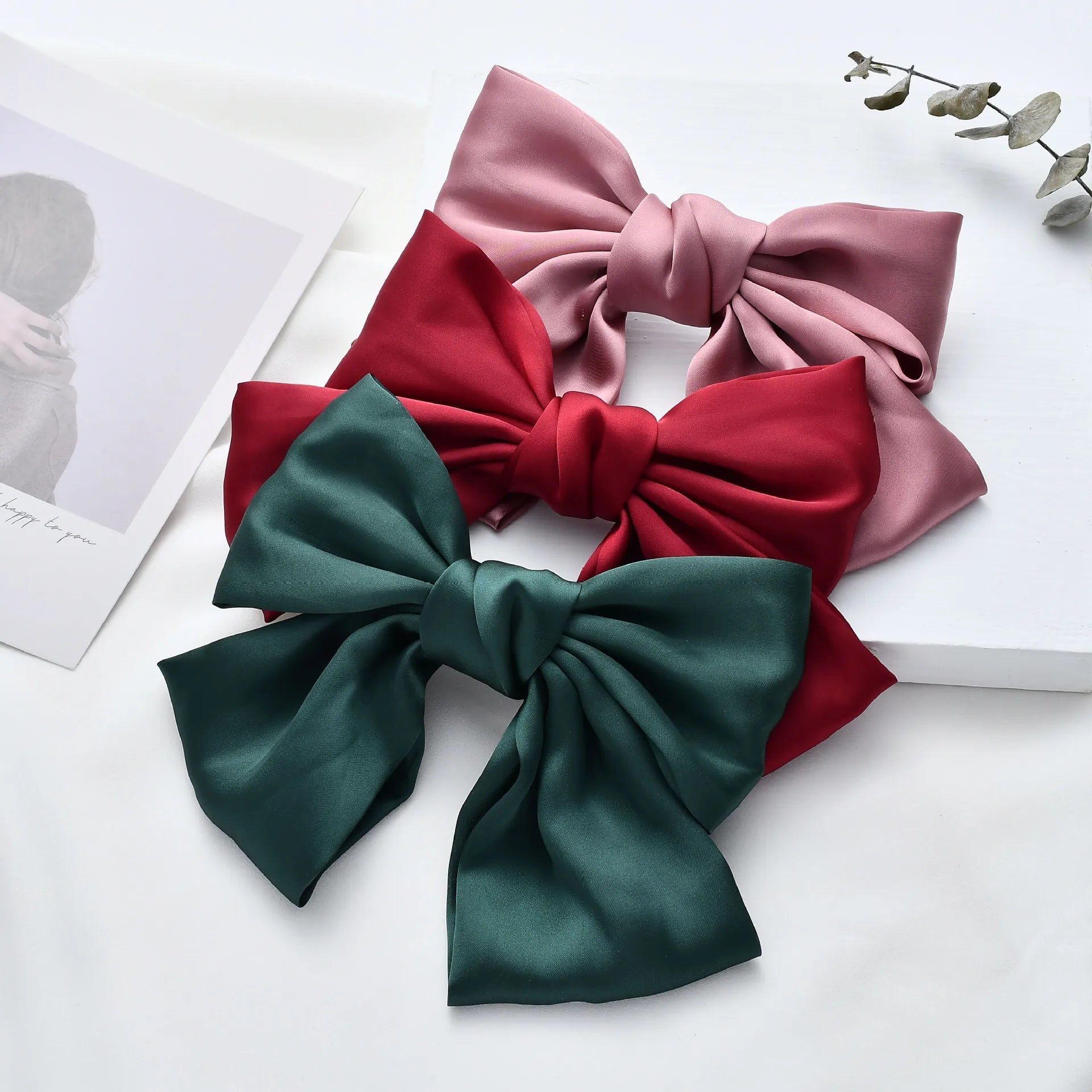 Wholesale Custom French Hair Clips Big Bowknot Hairpin with Ribbon Solid Color Satin Silky Hair Bows for Women Made Metal Fabric