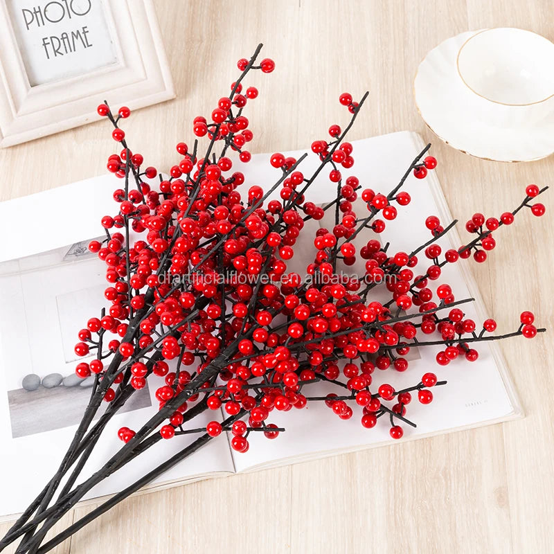 Christmas Ornaments Decoration Supplies Long Stem Tree Berries Pick Branches Red Fruits Red Artificial Holly Berry