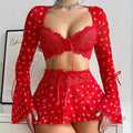Heart Printed Mature Women Honeymoon Wear Sexy Lingerie with Skirt Long Sleeve Nightwear