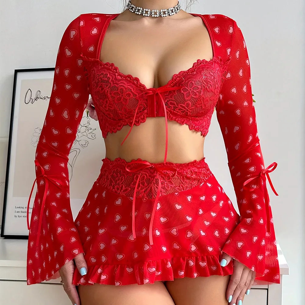 Heart Printed Mature Women Honeymoon Wear Sexy Lingerie with Skirt Long Sleeve Nightwear