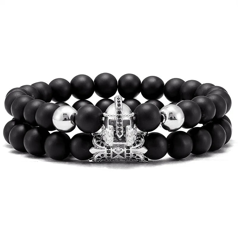 Men's Fashionable Trendy Charm Bracelet Set with Frosted Bead Hematite Gold Plating Wealth and Silver Design