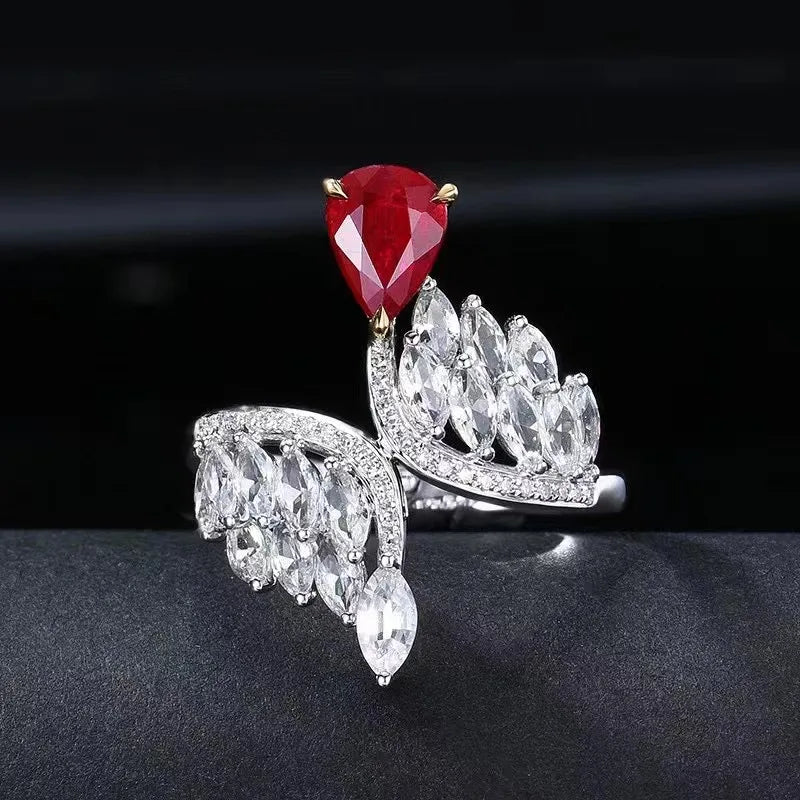 SGARIT Fine Custom Gemstone Jewelry 18k Gold Pear Cut 0.89ct Unheated Pigeon Blood Ruby GUILD Certified Women Ring