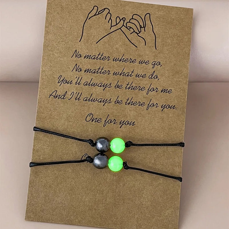 2Pcs/Set Charm Jewelry Handmade Weave Bracelet Black Gallstone Magnetic Beads Attract Luminous Beads Bracelet for Couple