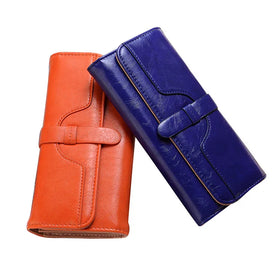 Women's Multi-functional Solid Color Brush Wallets Leather Wallet Ladies High-end Long Clutch Oil Wax Leather Retro Wallets
