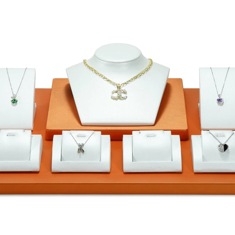 Wholesale Orange Jewelry Holder Display Stand Women Pendant Earring Tray Leather Wedding Ring Necklace Display Prop Set