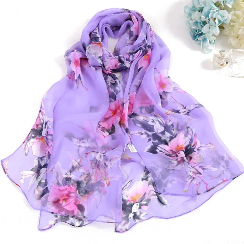 160 * 50cm Women Flower Print Long Soft Wrap Scarf Simulation Silk Feel Polyester Shawl Scarves Large Silk Chiffon Scarf