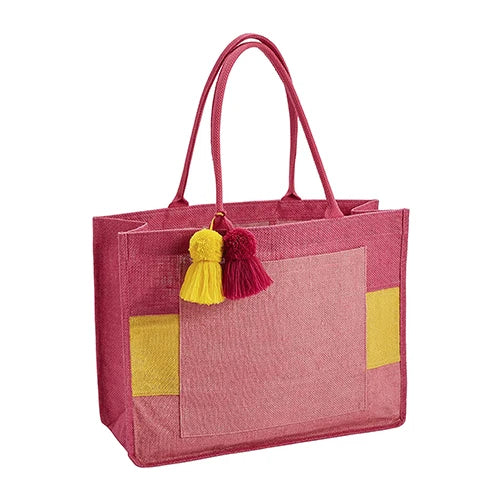 RUTH Women's Custom for Color Block 18.5" X 14" Jute Tote Shopping Bag with Shoulder Strap and Letter Print