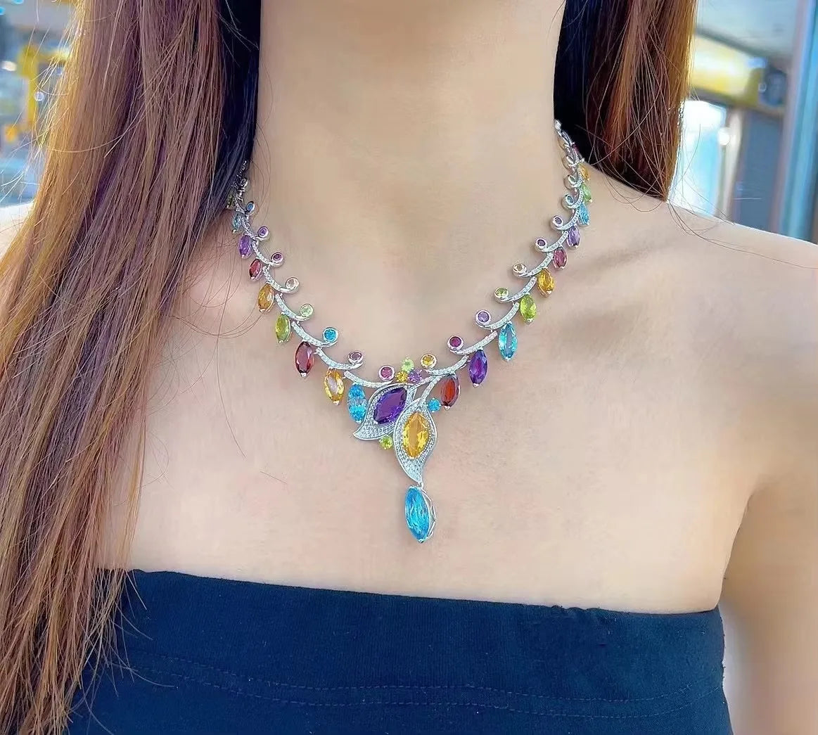 Luxurious Rhodium Plated Silver 925 Jewelry Multiple Natural Gemstone Leaf Necklace for Women Fine Jewelry Necklaces