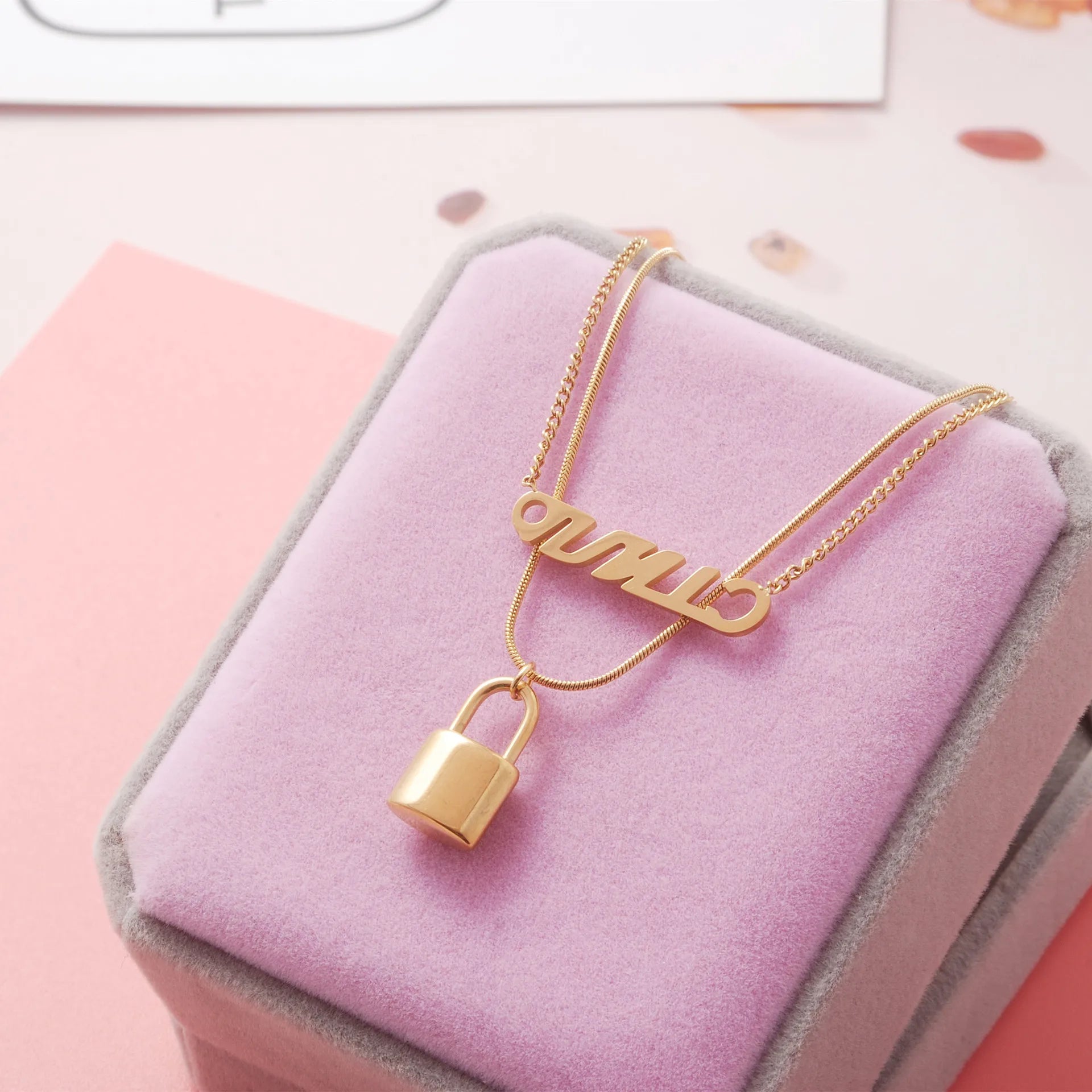 HOVANCI Punk Layered Chain Necklace Neck Chains Initial Necklace 12 Stainless Steel Lock Letter Necklace