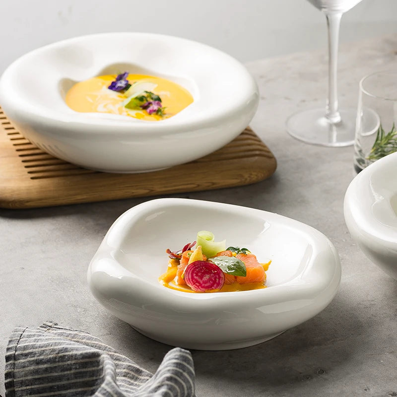 Nordic White Ceramic Show Plate Dinner Sweet Dessert Salad Pasta Puree Serving Tray Soup Bowl Party Restaurant Dinnerware Set