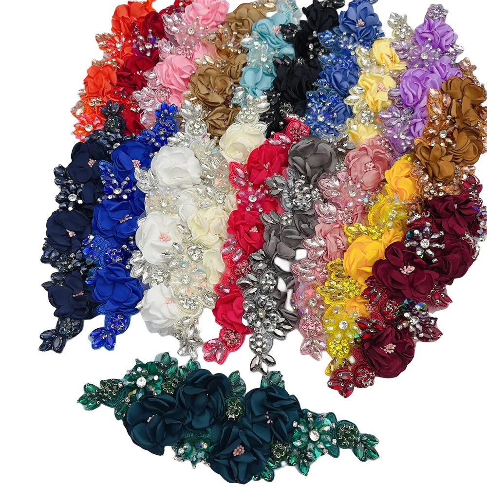 Handmade 3d Flowers Sew on Applique Embroidery Rhinestone Patch for Wedding Dress