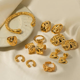 Vintage Stainless Steel Hammered Earrings Fine Jewelry Set 18K Gold Plated Irregular Hammered Design Jewelry Set for Women
