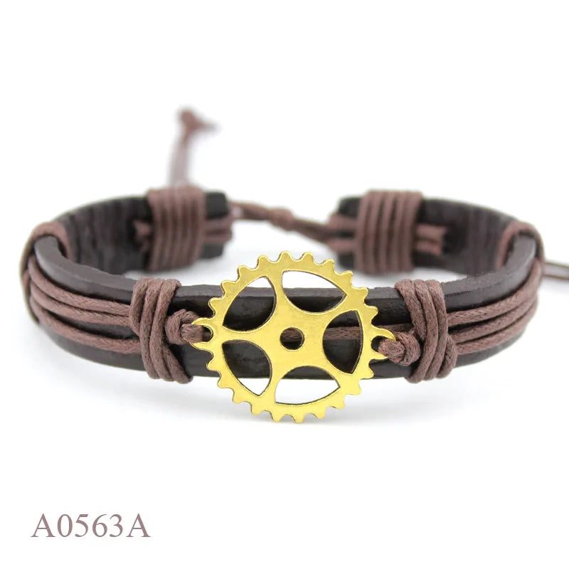 Street Hip Hop Punk Mechanical Engineer Gear Charm Genuine Leather Bracelet for Men