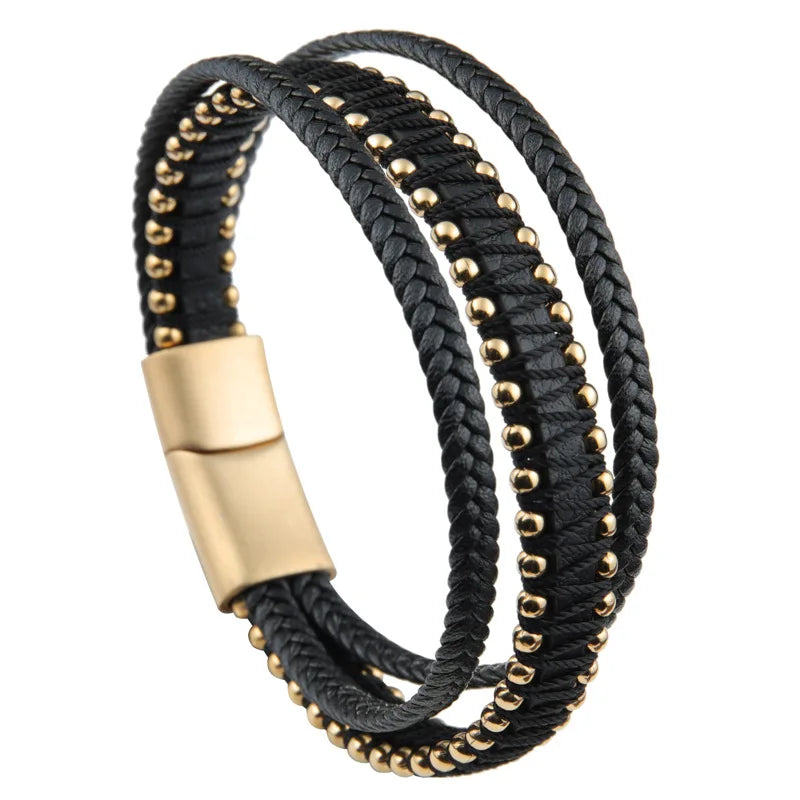 New Design Handmade Stainless Steel Clasp Beads Braided Genuine Leather Bracelet Bangle for Men Jewelry