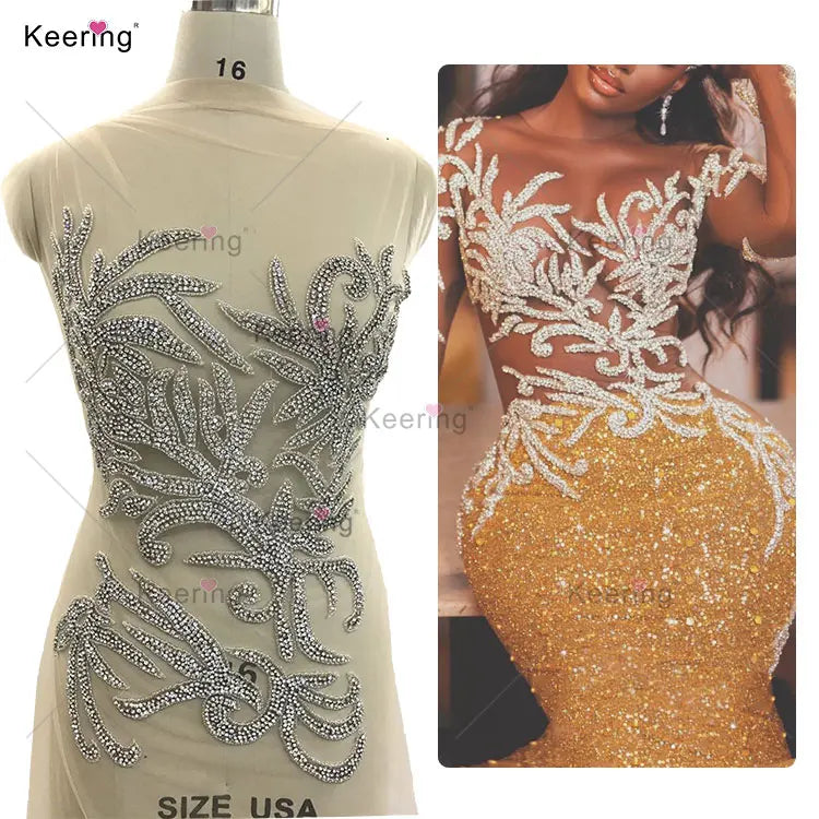 WDP-485 Keering Silver Flower Handmade Rhinestone Bodice Full Panel Gold Pink Bodice Applique Set for Sleeves