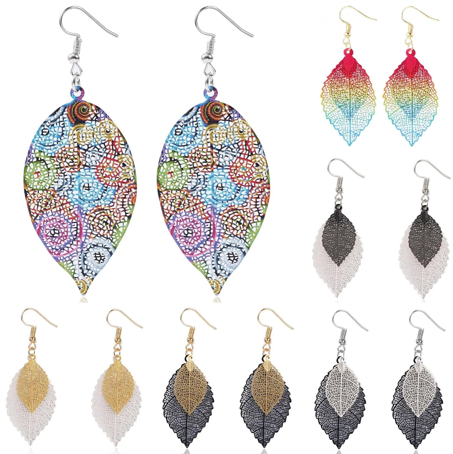 Korean and Japanese Retro Style Gold Plated Leaf Earrings Simple Double-Layer Hollow Drop Earrings for Women for Gift